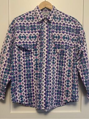 Vintage 90s Side Saddle Western Geometric Button-Down Shirt Shoulder Pads Large